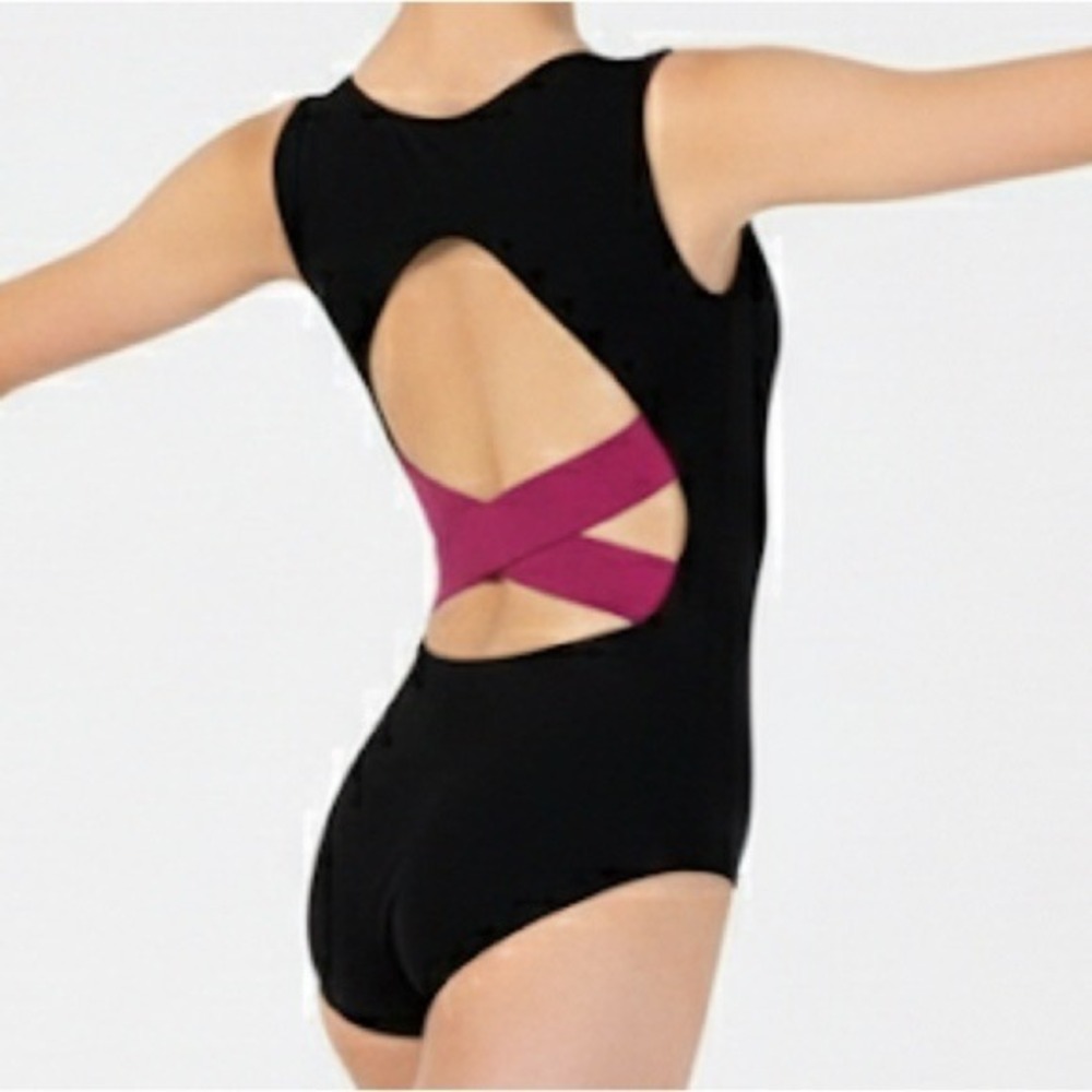 CL Theatricals Black Magenta Crisscross Back Pinch Front Tank Dance Leotard
